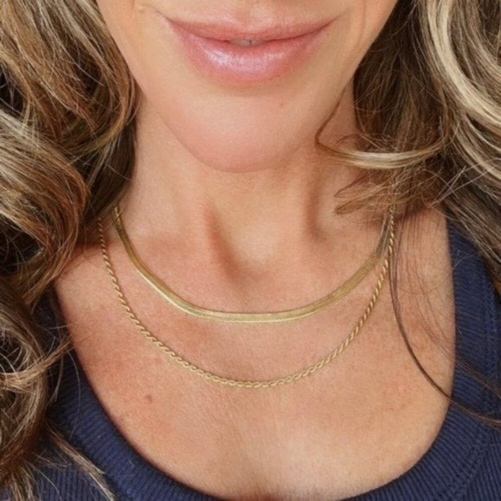 Necklace Layered Gold Herringbone & Gold Rope Chain Necklace WATERPROOF Necklace - Picture 3 of 13
